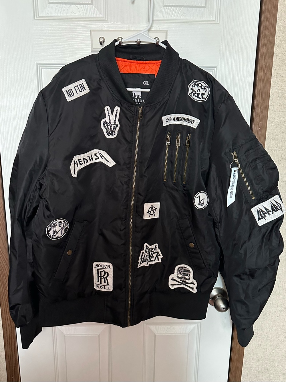 American Stitch Black Bomber Jacket with Orange Interior and White Patch Accents